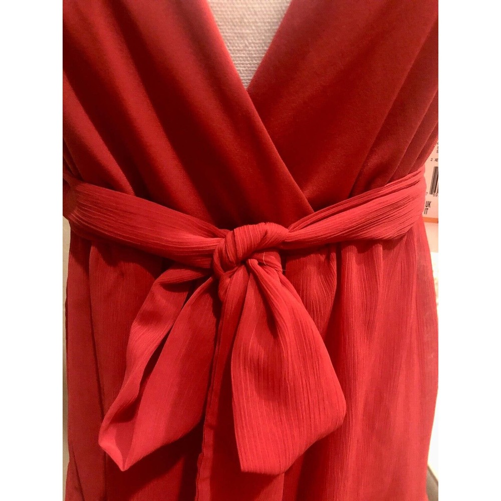 Anne Klein Womens Belted Sleeveless Blouse Top Red V Front & Back NWT Gorgeous S